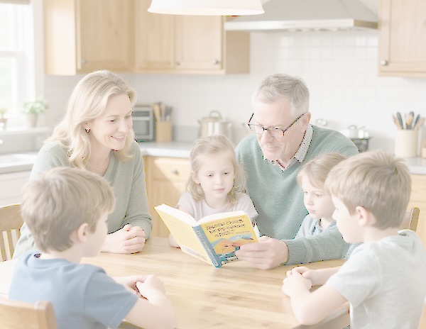 Grandparents reading a devotional book with their grandchildren at the kitchen table